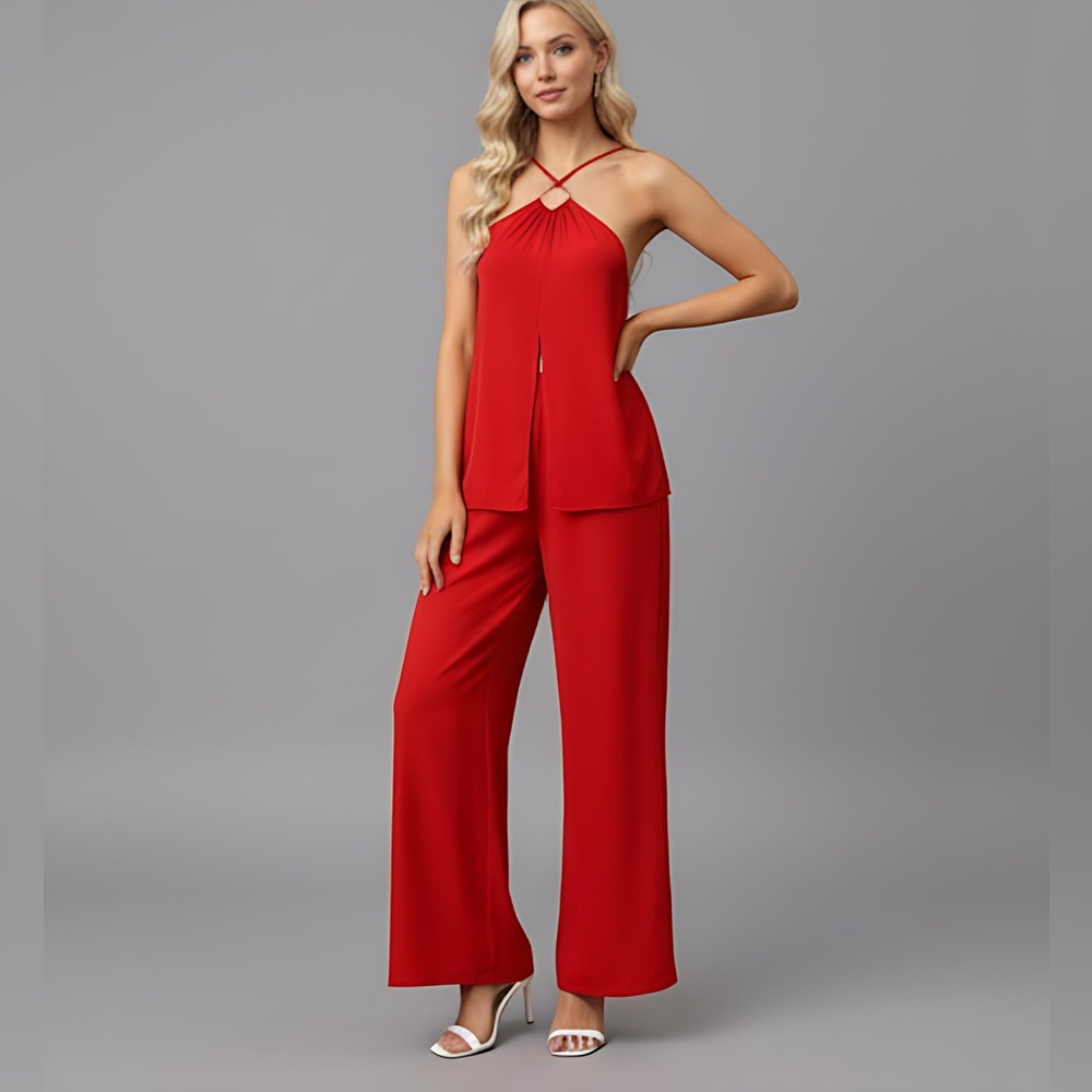 Red Split Hem Cami Top & Wide Leg Pants